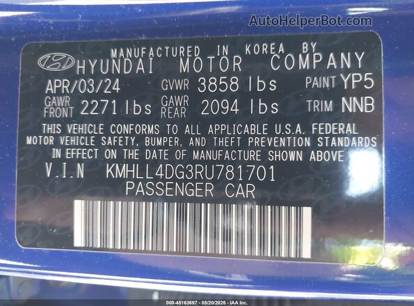KMHLL4DG3RU781701 2024 HYUNDAI ELANTRA Blue Widok komory silnika