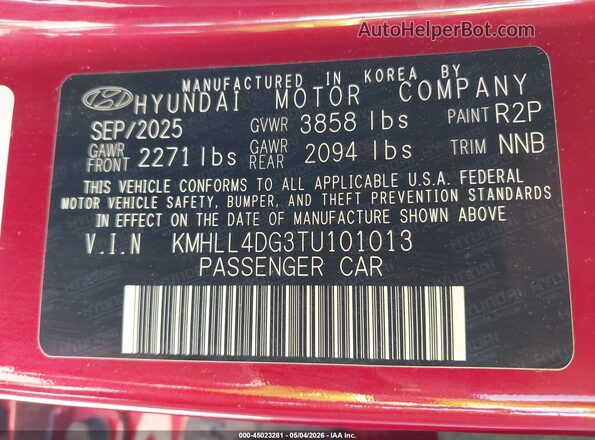 KMHLL4DG3TU101013 2026 HYUNDAI ELANTRA Red Vista del compartimento del motor