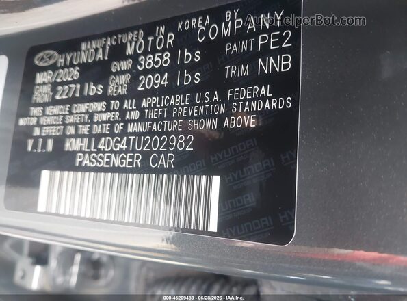KMHLL4DG4TU202982 2026 HYUNDAI ELANTRA Gray ძრავის განყოფილების ხედი