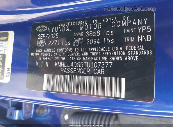 KMHLL4DG5TU107377 2026 HYUNDAI ELANTRA Blue Շարժիչի բաժամունքի տեսք