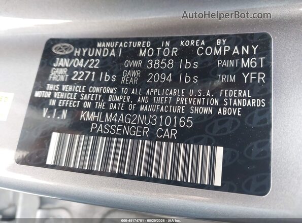 KMHLM4AG2NU310165 2022 HYUNDAI ELANTRA Silver Widok komory silnika