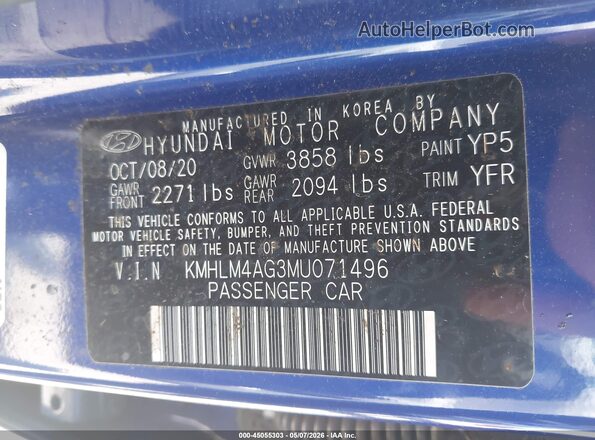 KMHLM4AG3MU071496 2021 HYUNDAI ELANTRA Blue 