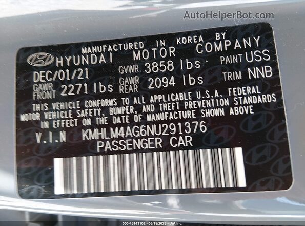 KMHLM4AG6NU291376 2022 HYUNDAI ELANTRA Gray Vista del compartimento del motor
