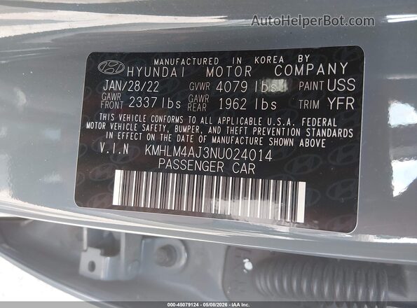 KMHLM4AJ3NU024014 2022 HYUNDAI ELANTRA HYBRID Gray 