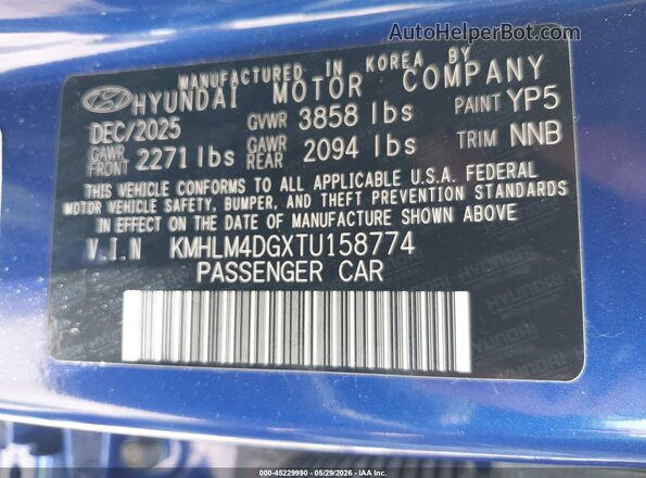KMHLM4DGXTU158774 2026 HYUNDAI ELANTRA Синий Вид подкапотного пространства