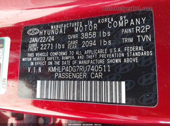 KMHLP4DG7RU740511 2024 HYUNDAI ELANTRA Red ძრავის განყოფილების ხედი