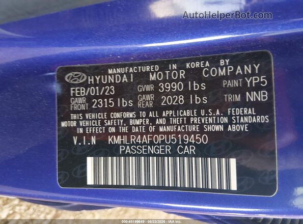 KMHLR4AF0PU519450 2023 HYUNDAI ELANTRA Blue 