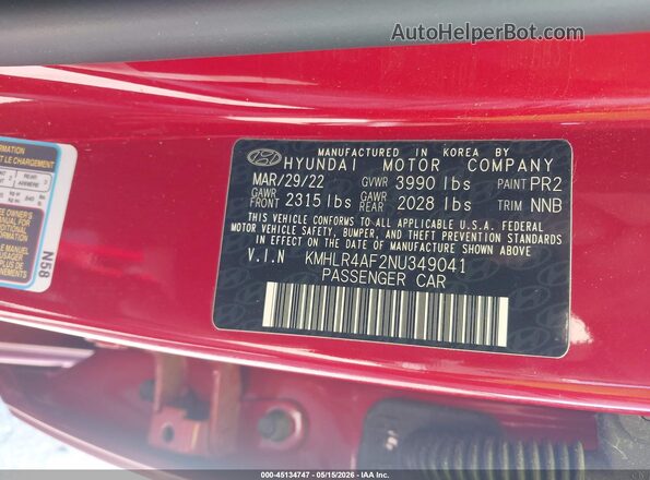 KMHLR4AF2NU349041 2022 HYUNDAI ELANTRA Red Widok komory silnika