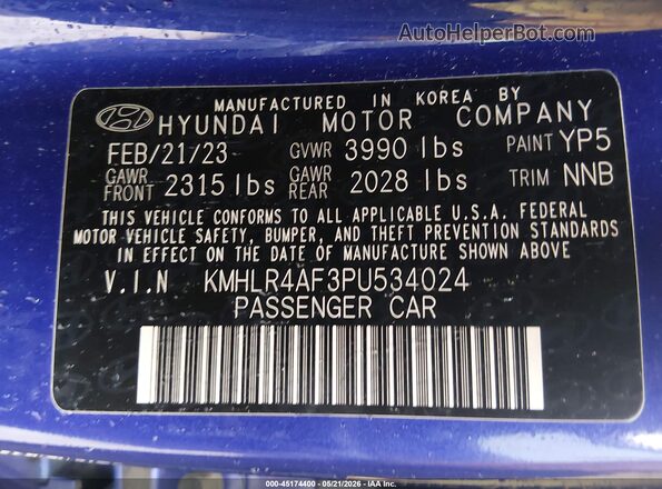 KMHLR4AF3PU534024 2023 HYUNDAI ELANTRA Blue ძრავის განყოფილების ხედი