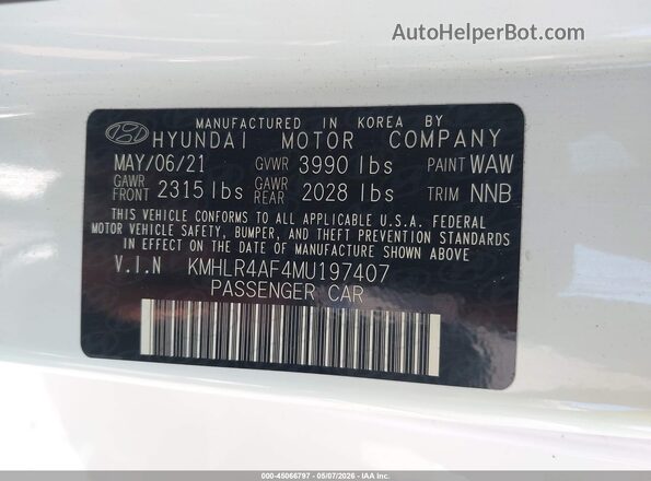 KMHLR4AF4MU197407 2021 HYUNDAI ELANTRA White ძრავის განყოფილების ხედი