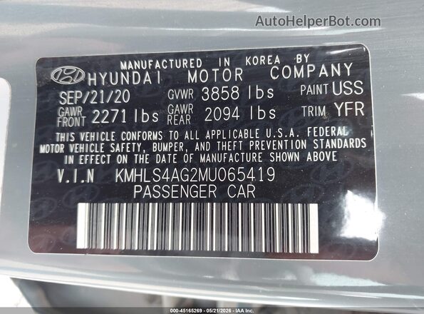 KMHLS4AG2MU065419 2021 HYUNDAI ELANTRA Gray ძრავის განყოფილების ხედი