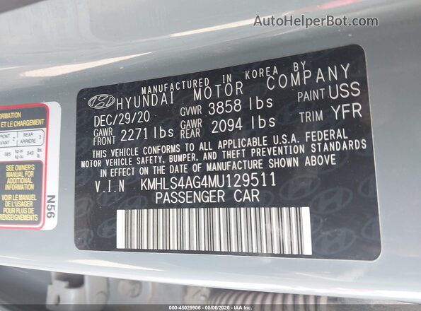 KMHLS4AG4MU129511 2021 HYUNDAI ELANTRA Gray ძრავის განყოფილების ხედი