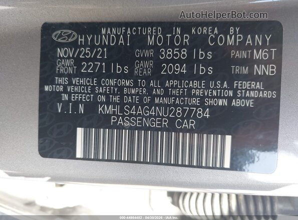 KMHLS4AG4NU287784 2022 HYUNDAI ELANTRA Gray Widok komory silnika