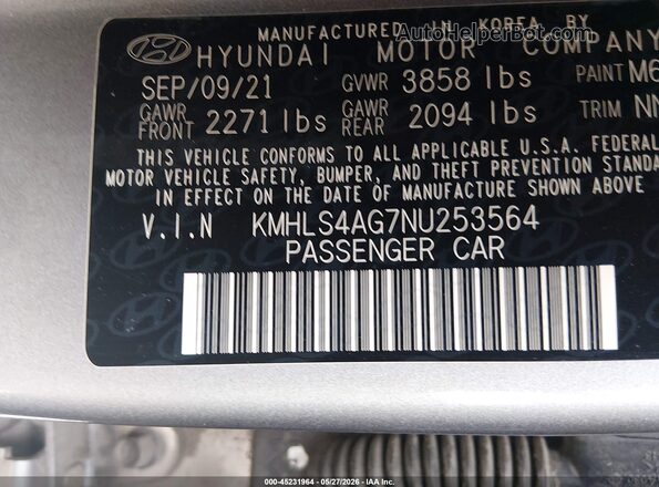 KMHLS4AG7NU253564 2022 HYUNDAI ELANTRA Gray Engine compartment view