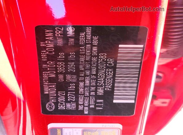 KMHLS4AG8NU307583 2022 HYUNDAI ELANTRA Red 