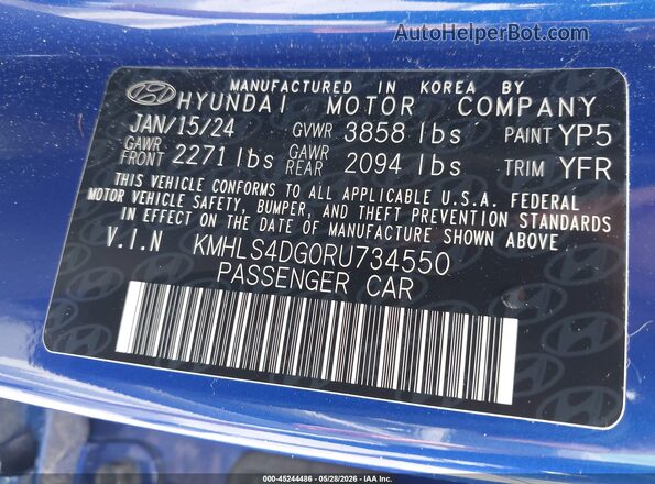 KMHLS4DG0RU734550 2024 HYUNDAI ELANTRA Blue Շարժիչի բաժամունքի տեսք