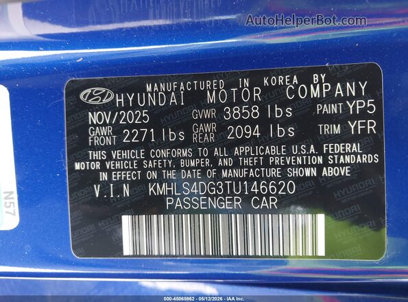 KMHLS4DG3TU146620 2026 HYUNDAI ELANTRA Blue Շարժիչի բաժամունքի տեսք