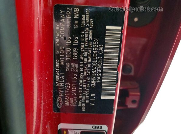 KMHRB8A38LU049352 2020 HYUNDAI VENUE Red 