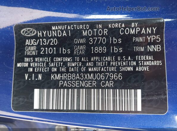 KMHRB8A3XMU067966 2021 HYUNDAI VENUE Blue ძრავის განყოფილების ხედი