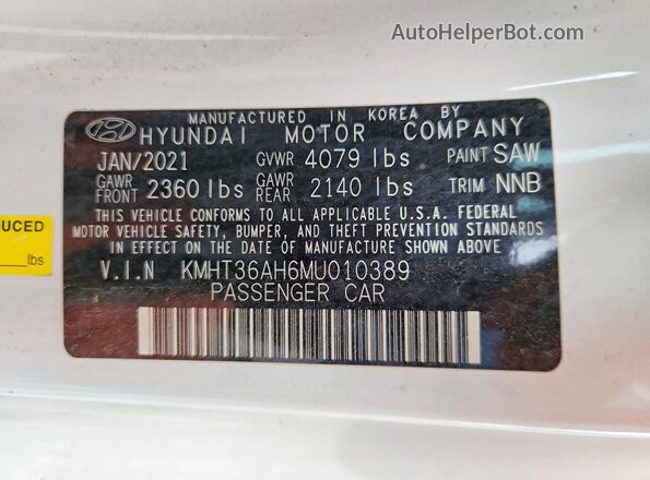 KMHT36AH6MU010389 2021 HYUNDAI VELOSTER White ძრავის განყოფილების ხედი
