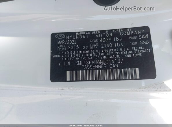 KMHT36AH8NU014137 2022 HYUNDAI VELOSTER N White Vista del compartimento del motor