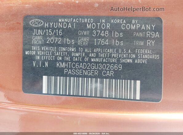 KMHTC6AD2GU302669 2016 HYUNDAI VELOSTER Оранжевый 