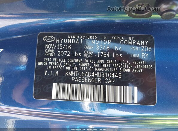 KMHTC6AD4HU310449 2017 HYUNDAI VELOSTER Blue 