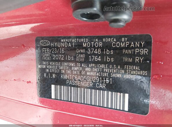 KMHTC6AD5GU291151 2016 HYUNDAI VELOSTER Red 