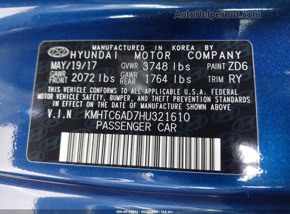 KMHTC6AD7HU321610 2017 HYUNDAI VELOSTER Blue Vista del compartimento del motor