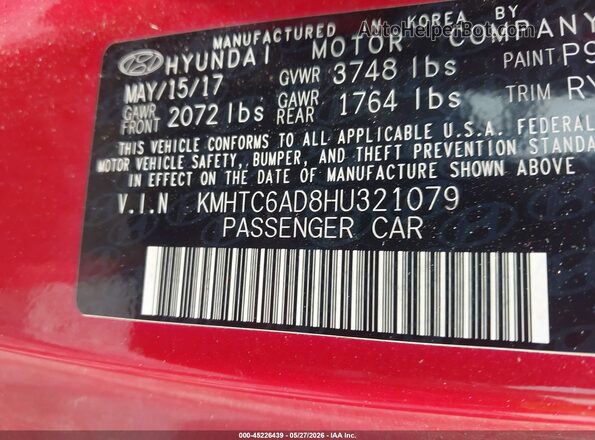 KMHTC6AD8HU321079 2017 HYUNDAI VELOSTER Красный Вид подкапотного пространства