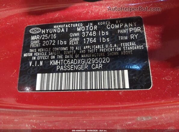 KMHTC6ADXGU295020 2016 HYUNDAI VELOSTER Red Vista del compartimento del motor