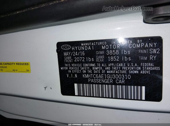 KMHTC6AE1GU300310 2016 HYUNDAI VELOSTER White Вид підкапотного простору