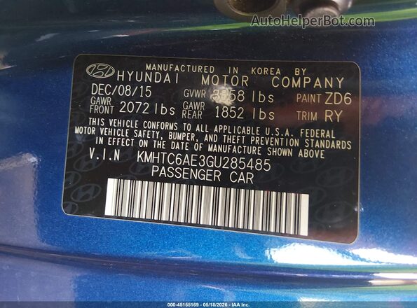 KMHTC6AE3GU285485 2016 HYUNDAI VELOSTER Blue Widok komory silnika
