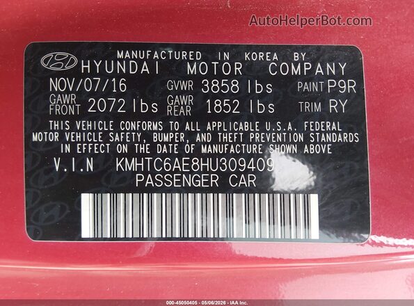 KMHTC6AE8HU309409 2017 HYUNDAI VELOSTER Red 