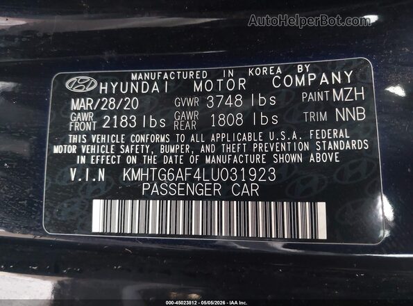 KMHTG6AF4LU031923 2020 HYUNDAI VELOSTER Black Vista del compartimento del motor