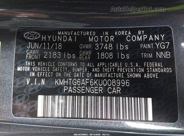 KMHTG6AF6KU008996 2019 HYUNDAI VELOSTER Gray Շարժիչի բաժամունքի տեսք