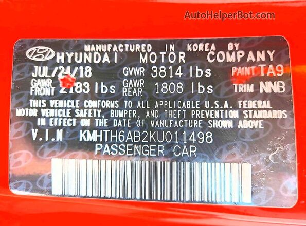 KMHTH6AB2KU011498 2019 HYUNDAI VELOSTER Оранжевый Вид наклейки с VIN-кодом