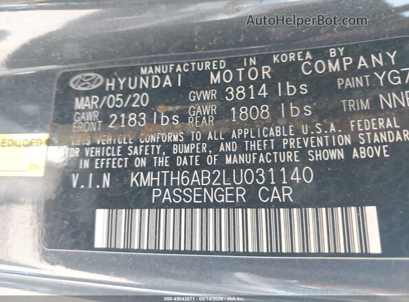 KMHTH6AB2LU031140 2020 HYUNDAI VELOSTER Gray Vista del compartimento del motor