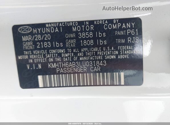 KMHTH6AB3LU031843 2020 HYUNDAI VELOSTER White Vista del compartimento del motor