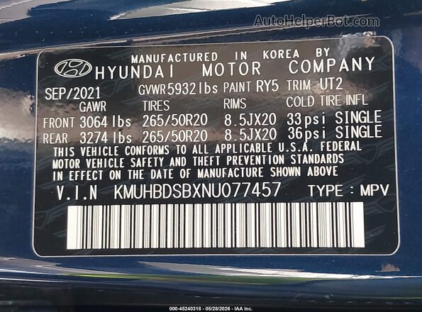 KMUHBDSBXNU077457 2022 GENESIS GV80 Blue ძრავის განყოფილების ხედი