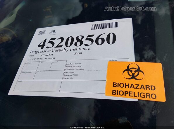 KMUHCESC7MU040148 2021 GENESIS GV80 Black წინა სალონის ხედი