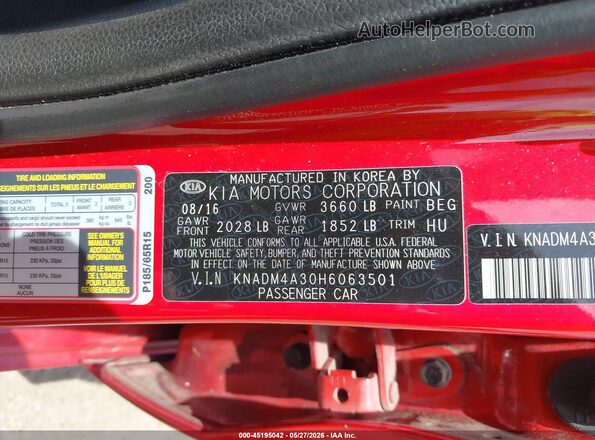 KNADM4A30H6063501 2017 KIA RIO Red Engine compartment view