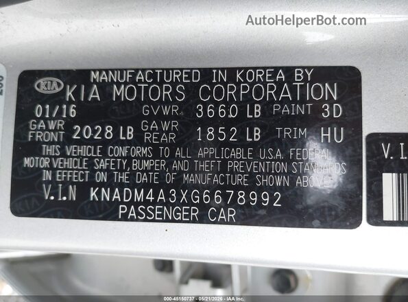 KNADM4A3XG6678992 2016 KIA RIO Silver Շարժիչի բաժամունքի տեսք