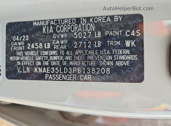 KNAE35LD3P6138208 2023 KIA STINGER Gray Vista de la etiqueta del VIN