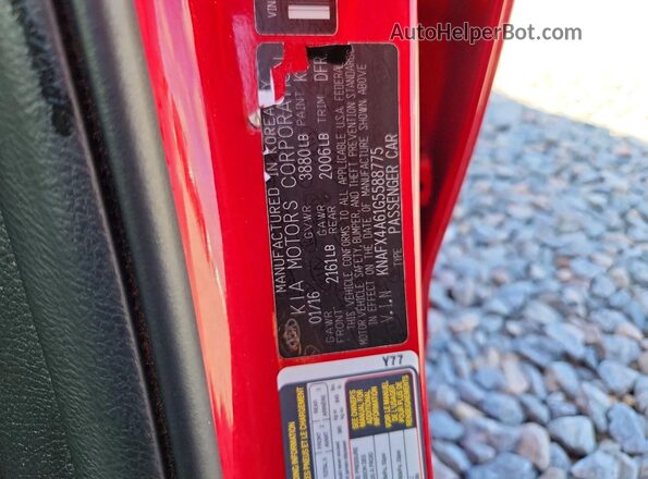 KNAFX4A61G5588775 2016 KIA FORTE Red 