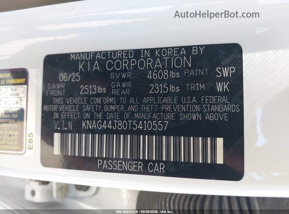 KNAG44J80T5410557 2026 KIA K5 White Вид підкапотного простору