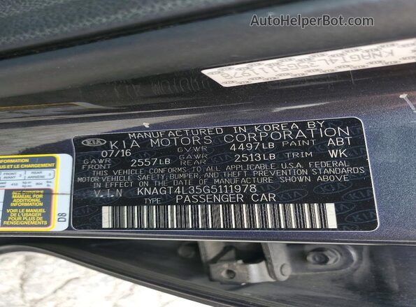 KNAGT4L35G5111978 2016 KIA OPTIMA Gray Շարժիչի բաժամունքի տեսք