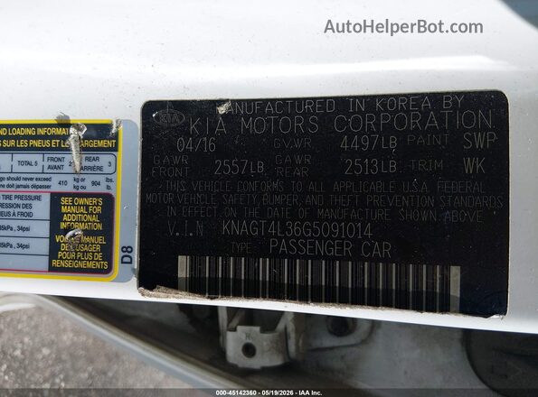 KNAGT4L36G5091014 2016 KIA OPTIMA White Շարժիչի բաժամունքի տեսք