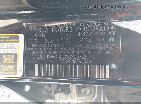 KNAGT4L3XG5115752 2016 KIA OPTIMA Black Շարժիչի բաժամունքի տեսք