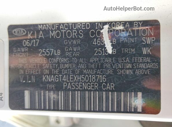 KNAGT4LEXH5018716 2017 KIA OPTIMA White Engine compartment view